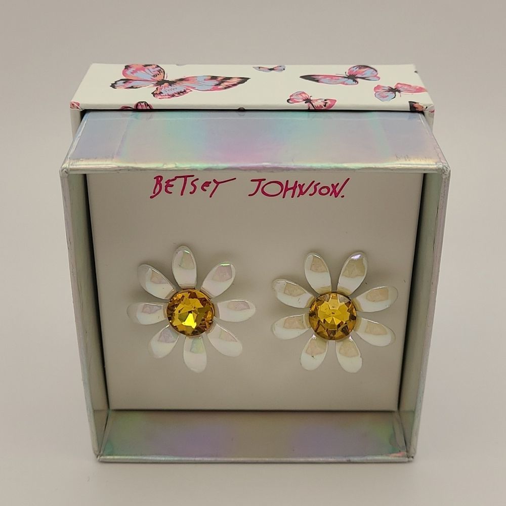 Betsey Johnson White Enamel Daisy Flowers with Rhinestone Stud Earrings